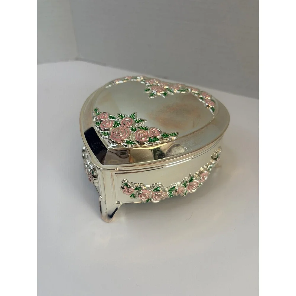 Vtg Silver Heart Jewelry Box Pink Enameled Rose Footed Trinket Case Girly Vanity